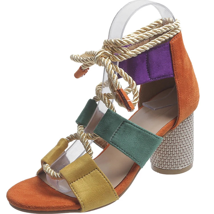 2022 New Trend Summer Chunky Shoes Fashion Women High Heels Sandals Designer Weave Ankle Lace Slides Sexy Open Toe Female Pumps