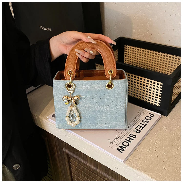 Women's Diamond Denim Clotch Handbag Korean Chic Retro Mini Single Shoulder Crossbody Bags Elegant Luxury Party Square Clutch
