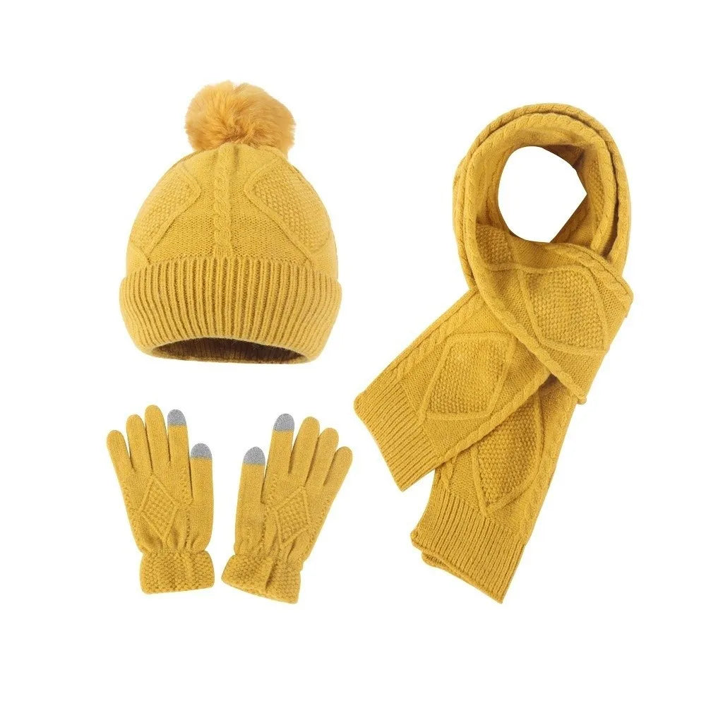 Beanies Cap Elastic Scarf and Hat Set Touch Screen Warm Cold Proof Gloves Ball Rhombus Patterned Knitted Scarf Women