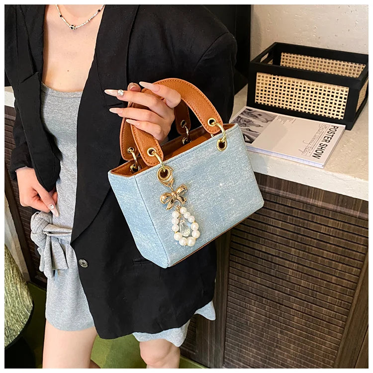 Women's Diamond Denim Clotch Handbag Korean Chic Retro Mini Single Shoulder Crossbody Bags Elegant Luxury Party Square Clutch