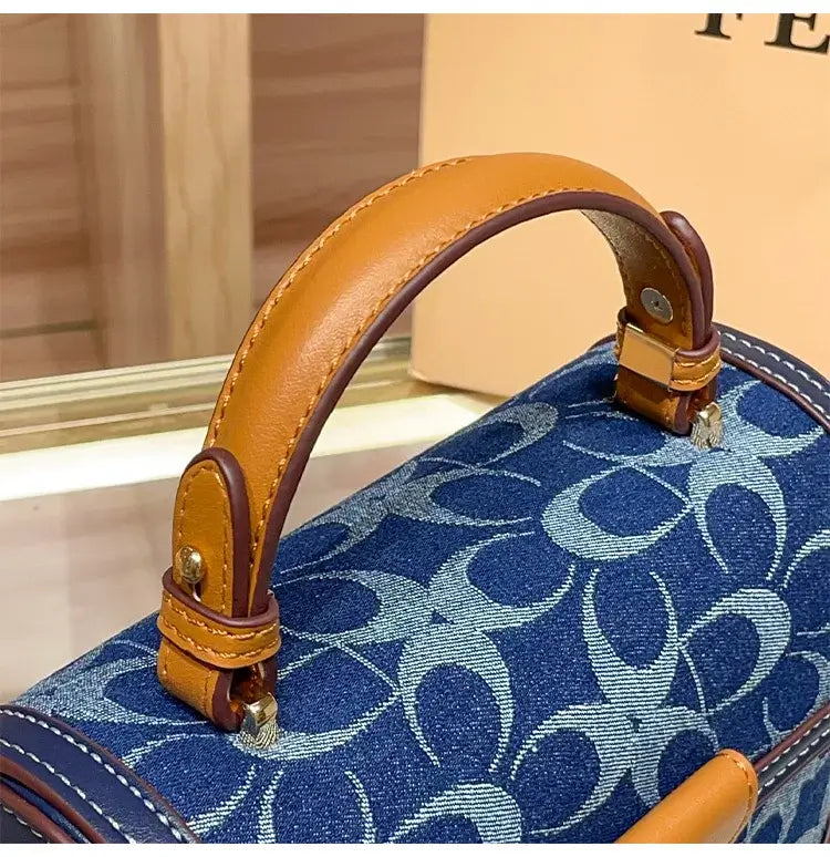 Ladies' handbag, light luxury retro denim canvas box bag, 2025 new high-end style, contrasting color single shoulder small squa