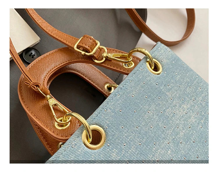 Women's Diamond Denim Clotch Handbag Korean Chic Retro Mini Single Shoulder Crossbody Bags Elegant Luxury Party Square Clutch