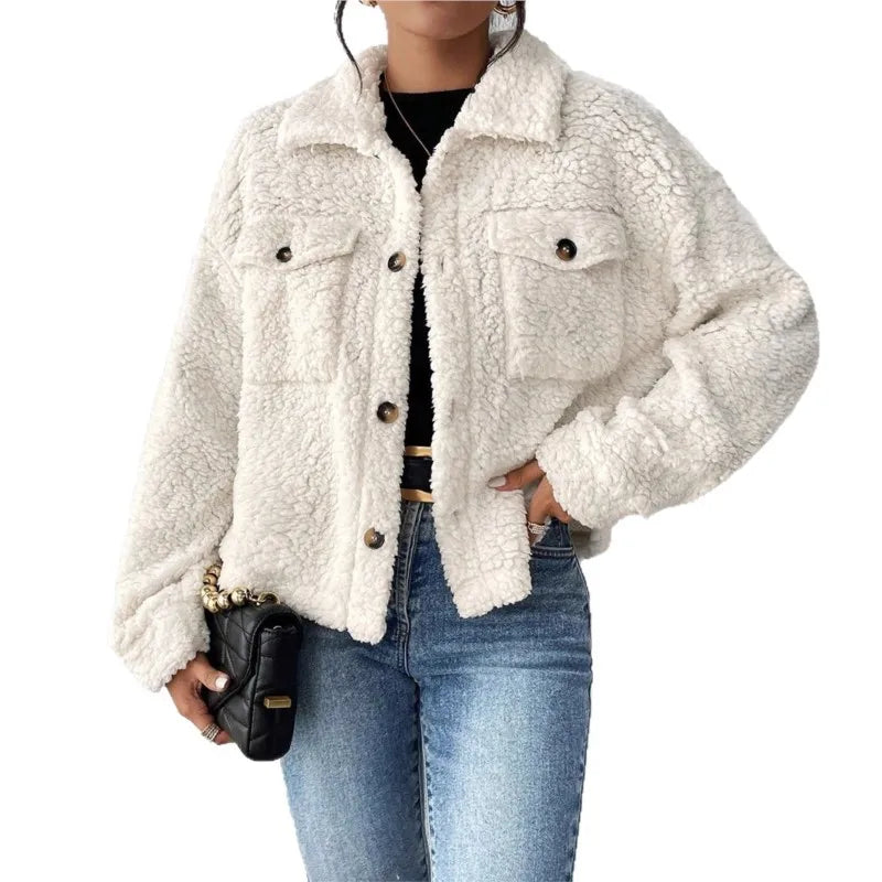 Casual Women's Coats Autumn And Winter Lapel Plush Jacket Short Women Jacket New Fashion White Pockets Tops Coat Streetwear