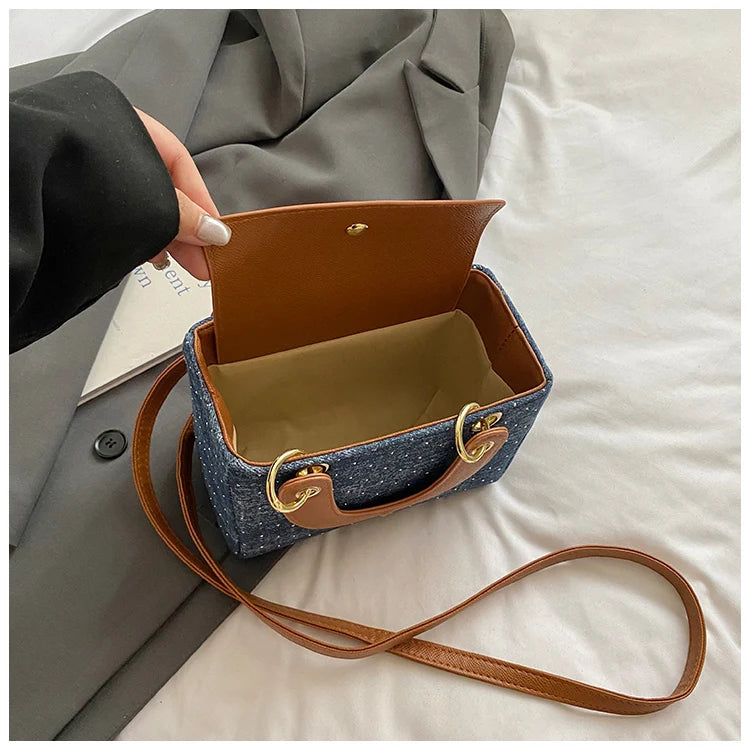 Women's Diamond Denim Clotch Handbag Korean Chic Retro Mini Single Shoulder Crossbody Bags Elegant Luxury Party Square Clutch