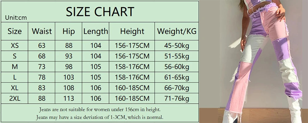 Jeans Women Straight Pants Patchwork Denim Trousers Splice Color Contrast Tassel PantsTrendy Fashion Streerwear Style Cool