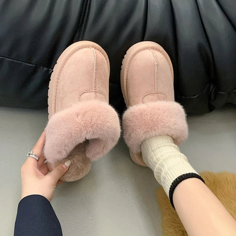 2025 New Furry Brand Designer Winter Fashion Round Toe Warm Women Ankle Boots Comfortable Shallow Slip-on Snow Boots Botas Mujer