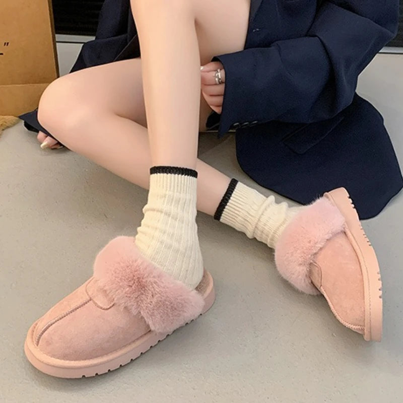 2025 New Furry Brand Designer Winter Fashion Round Toe Warm Women Ankle Boots Comfortable Shallow Slip-on Snow Boots Botas Mujer