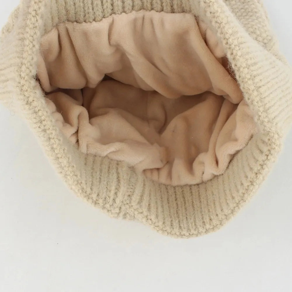 Beanies Cap Elastic Scarf and Hat Set Touch Screen Warm Cold Proof Gloves Ball Rhombus Patterned Knitted Scarf Women