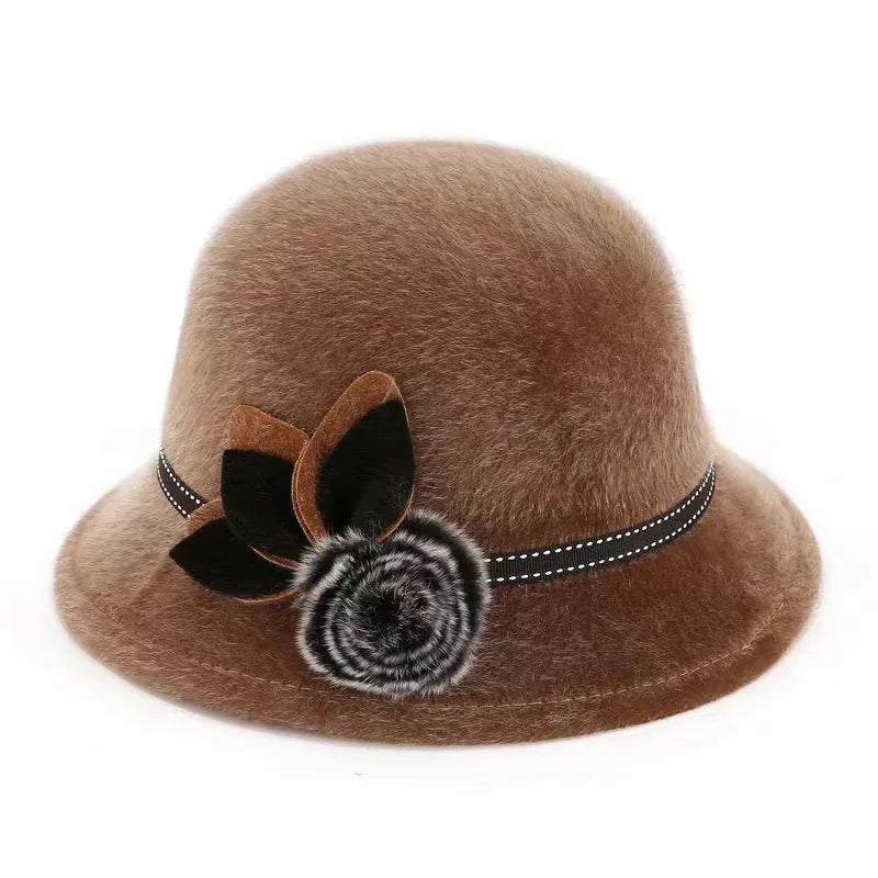 Fedoras Cap Jazz Cap Women Pompom Dome Hat Bowler Dome Wool Hat Vintage Elegant Wool Ladies Church Hat Winter Autumn Warm Cap