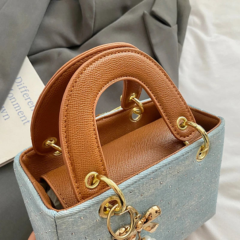 Women's Diamond Denim Clotch Handbag Korean Chic Retro Mini Single Shoulder Crossbody Bags Elegant Luxury Party Square Clutch