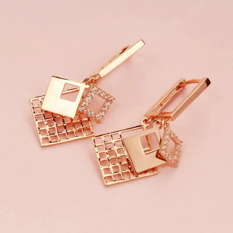 585 Purple Gold elegant luxurious square earrings for women plated 14K rose gold dazzling earings buckle wedding Jewelry