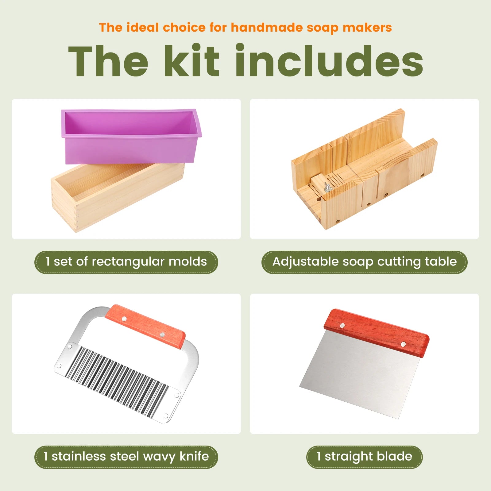 Soap Making Tools DIY Handmade Soap Making Kit Wooden Silicone Soap Rectangular Mold Stainless Steel Straight Cutter Wavy Cutter