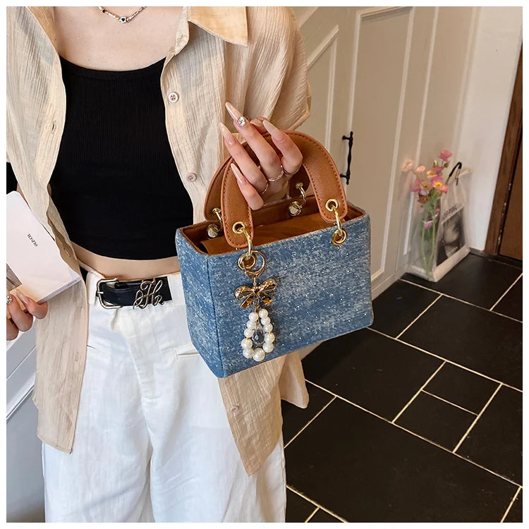 Women's Diamond Denim Clotch Handbag Korean Chic Retro Mini Single Shoulder Crossbody Bags Elegant Luxury Party Square Clutch