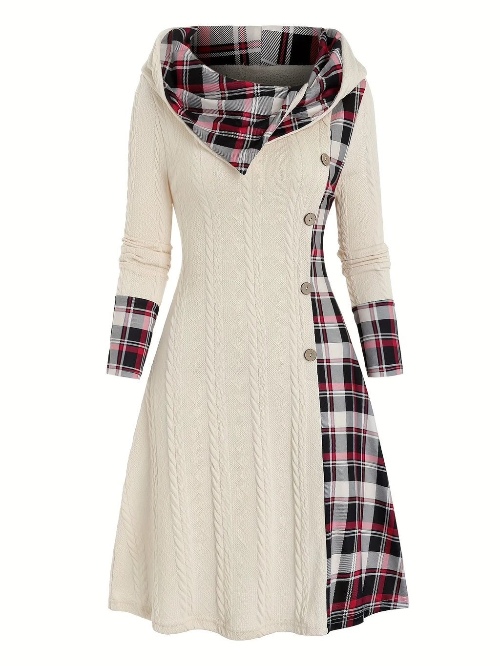 Knitted hooded dress plaid print stitching fake buckle high waist long sleeve A-line dress female