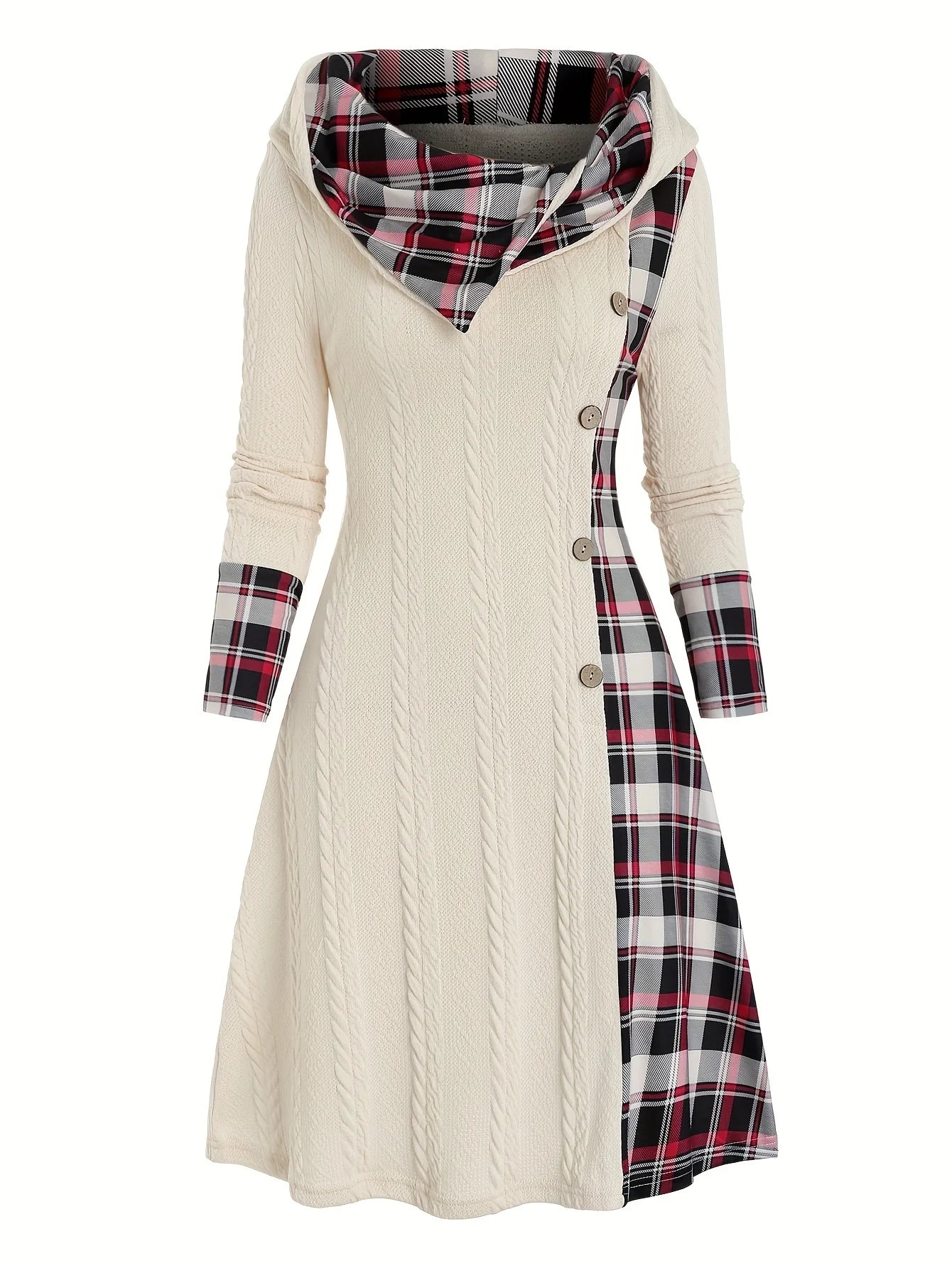 Knitted hooded dress plaid print stitching fake buckle high waist long sleeve A-line dress female