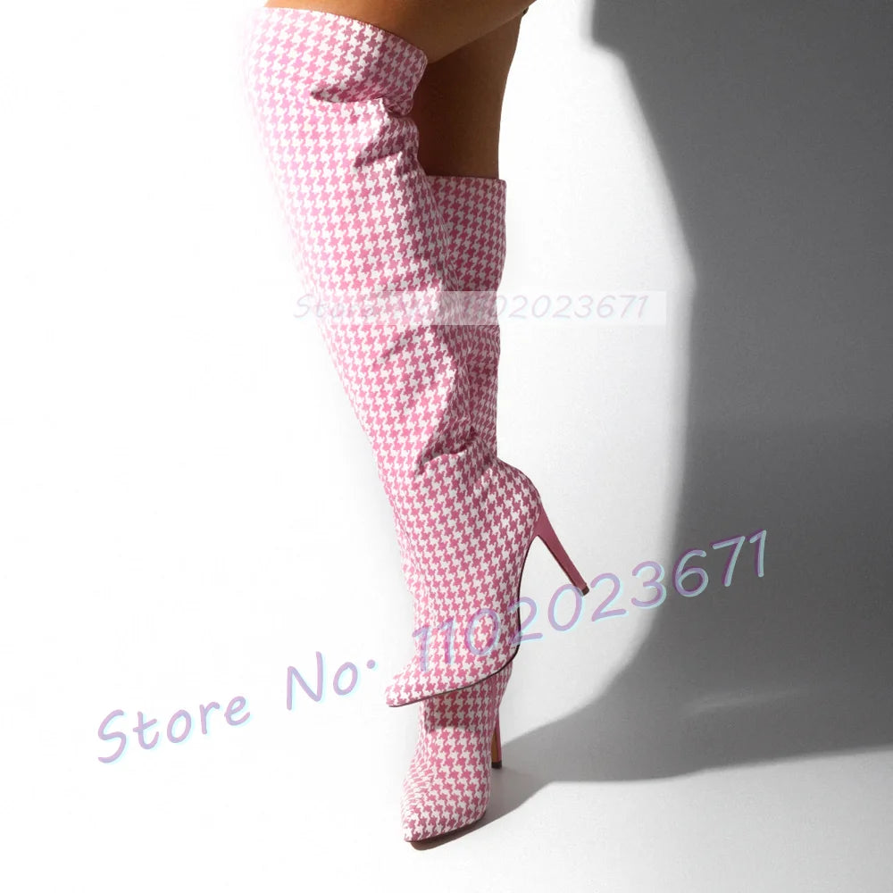 Pink Gingham Knee High Boots Women Trend High Class Print High Heels Shoes Ladies Side-zip Casual Fashion Pointy Winter Boots