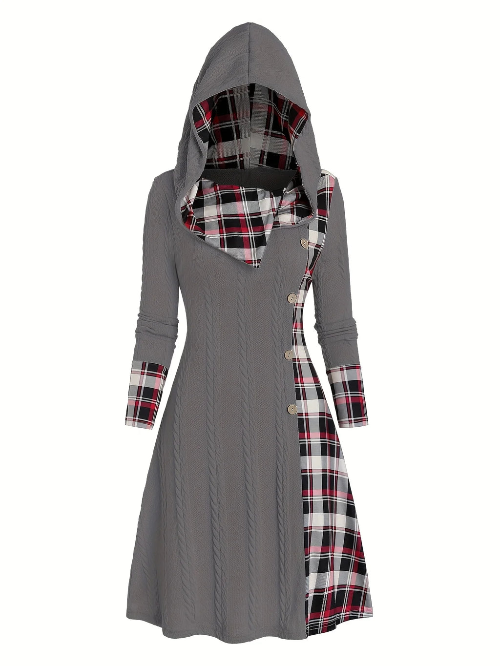 Knitted hooded dress plaid print stitching fake buckle high waist long sleeve A-line dress female