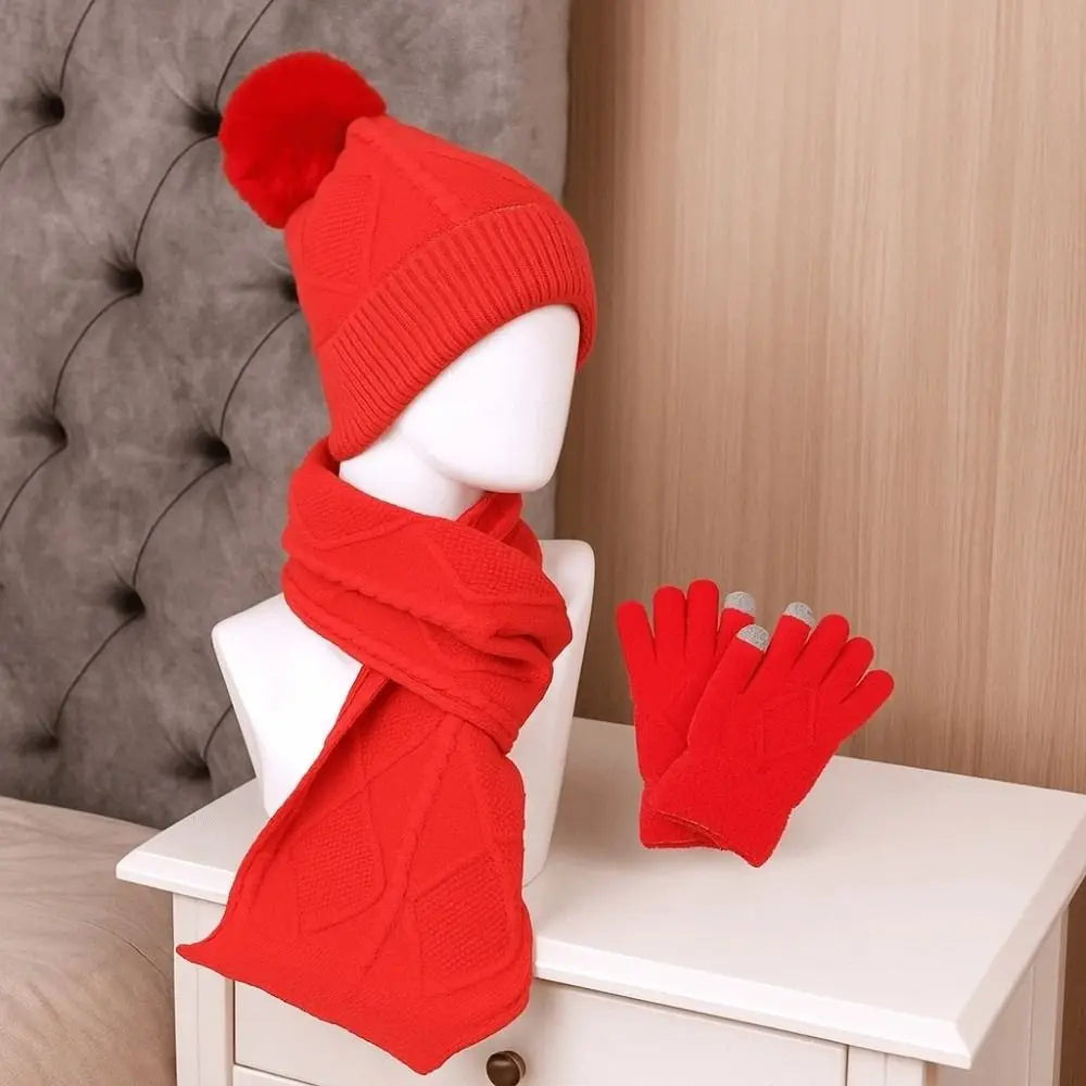 Beanies Cap Elastic Scarf and Hat Set Touch Screen Warm Cold Proof Gloves Ball Rhombus Patterned Knitted Scarf Women