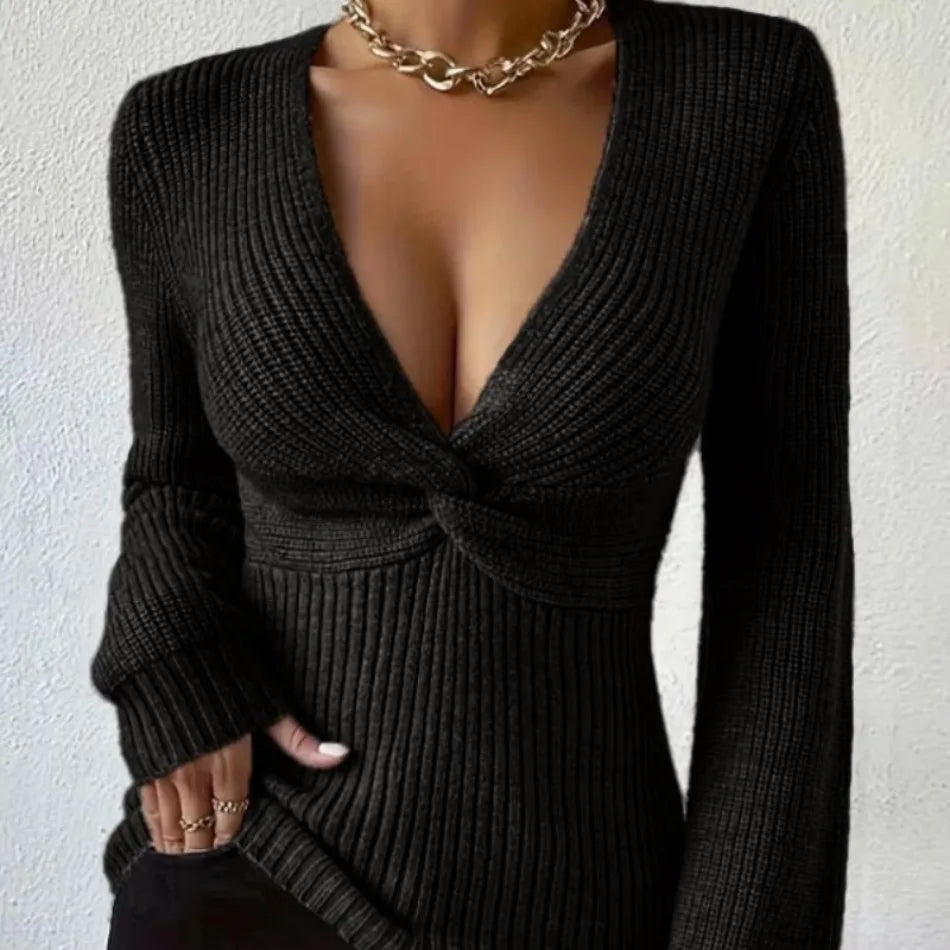 Women's Sweaters Pullovers Spring Autumn New Styles Solid Color Sweaters Fashionable Sexy V-neck Slim Fit Knitted Sweater Tops