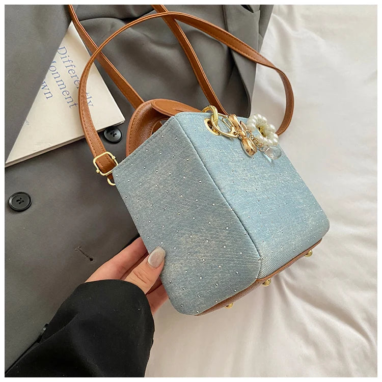 Women's Diamond Denim Clotch Handbag Korean Chic Retro Mini Single Shoulder Crossbody Bags Elegant Luxury Party Square Clutch