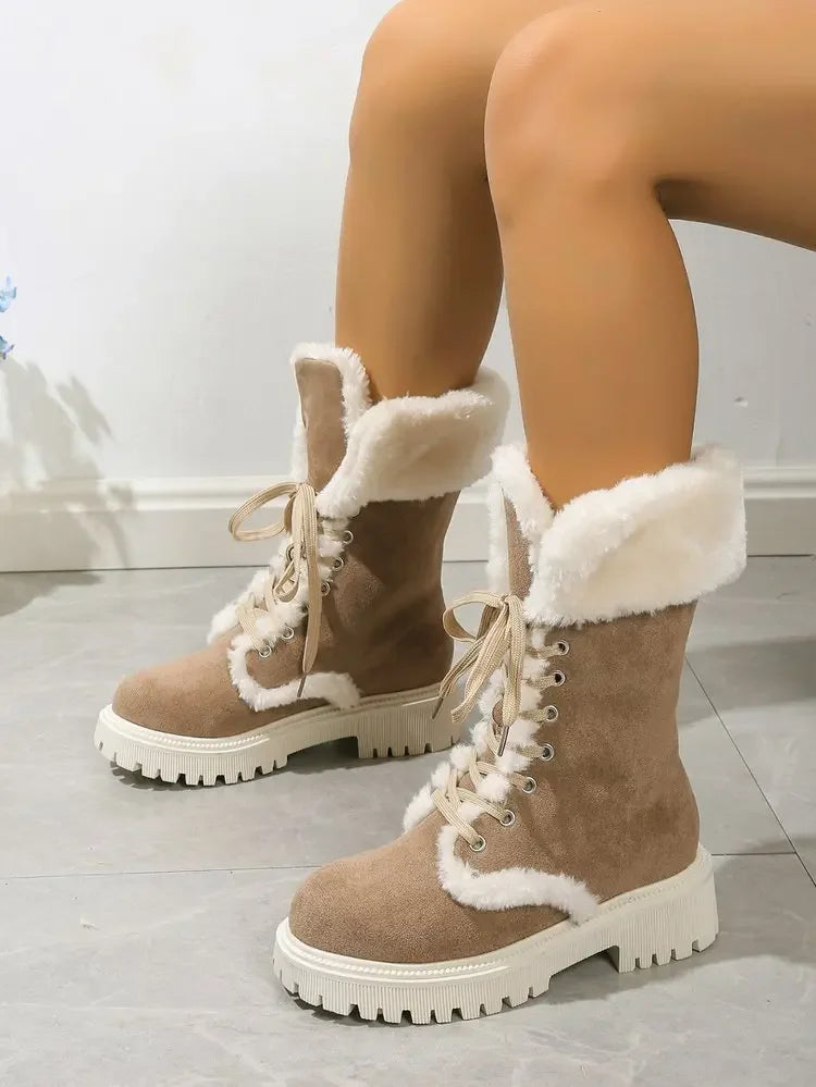 Thicken Plush Snow Boots for Women Winter Faux Fur Platform Ankle Boots Woman Mid-calf Lace-up Snow Boots Thickened Cotton Shoes