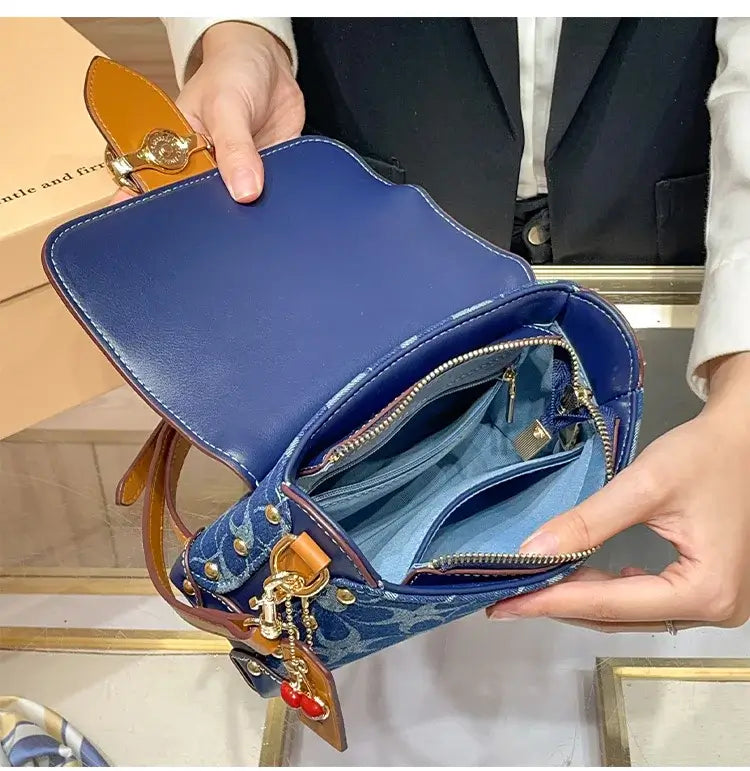 Ladies' handbag, light luxury retro denim canvas box bag, 2025 new high-end style, contrasting color single shoulder small squa