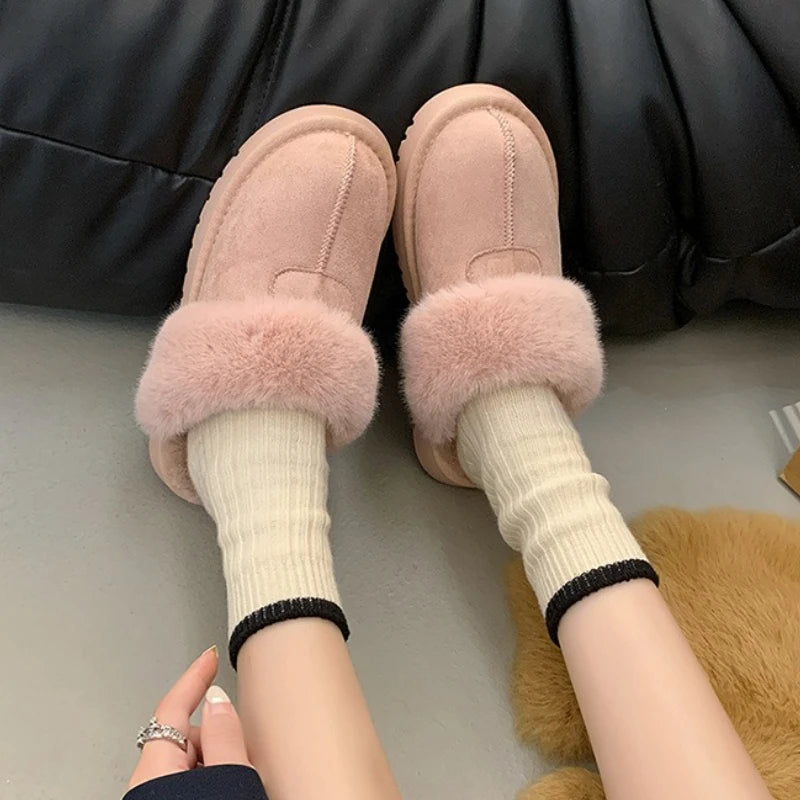 2025 New Furry Brand Designer Winter Fashion Round Toe Warm Women Ankle Boots Comfortable Shallow Slip-on Snow Boots Botas Mujer
