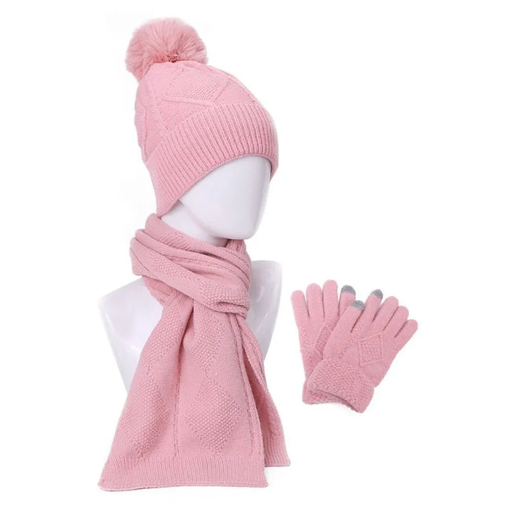 Beanies Cap Elastic Scarf and Hat Set Touch Screen Warm Cold Proof Gloves Ball Rhombus Patterned Knitted Scarf Women