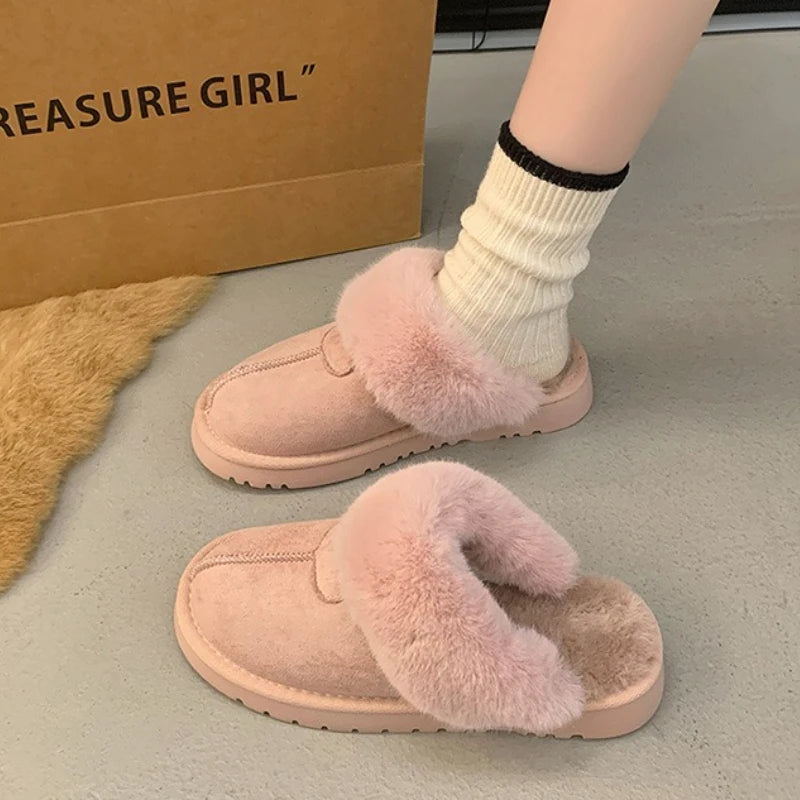 2025 New Furry Brand Designer Winter Fashion Round Toe Warm Women Ankle Boots Comfortable Shallow Slip-on Snow Boots Botas Mujer