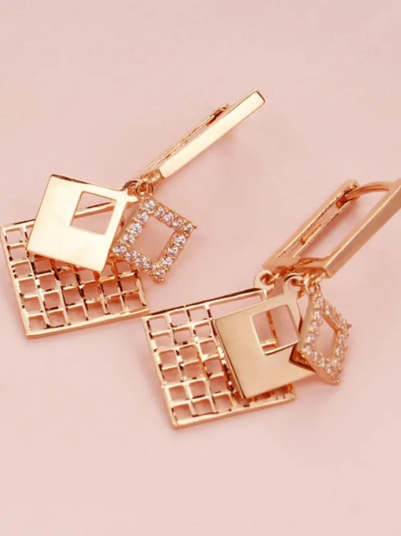 585 Purple Gold elegant luxurious square earrings for women plated 14K rose gold dazzling earings buckle wedding Jewelry