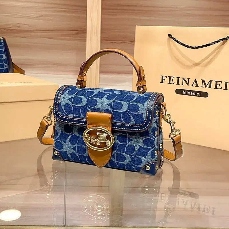 Ladies' handbag, light luxury retro denim canvas box bag, 2025 new high-end style, contrasting color single shoulder small squa