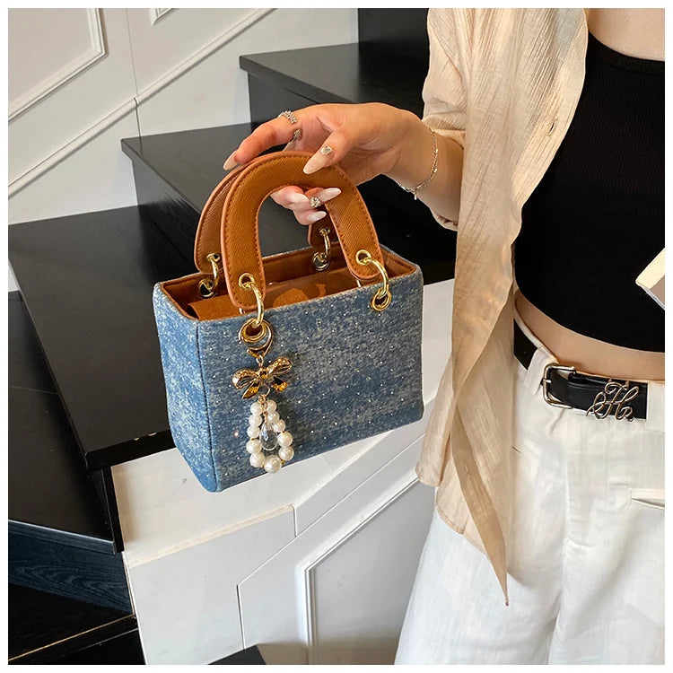 Women's Diamond Denim Clotch Handbag Korean Chic Retro Mini Single Shoulder Crossbody Bags Elegant Luxury Party Square Clutch