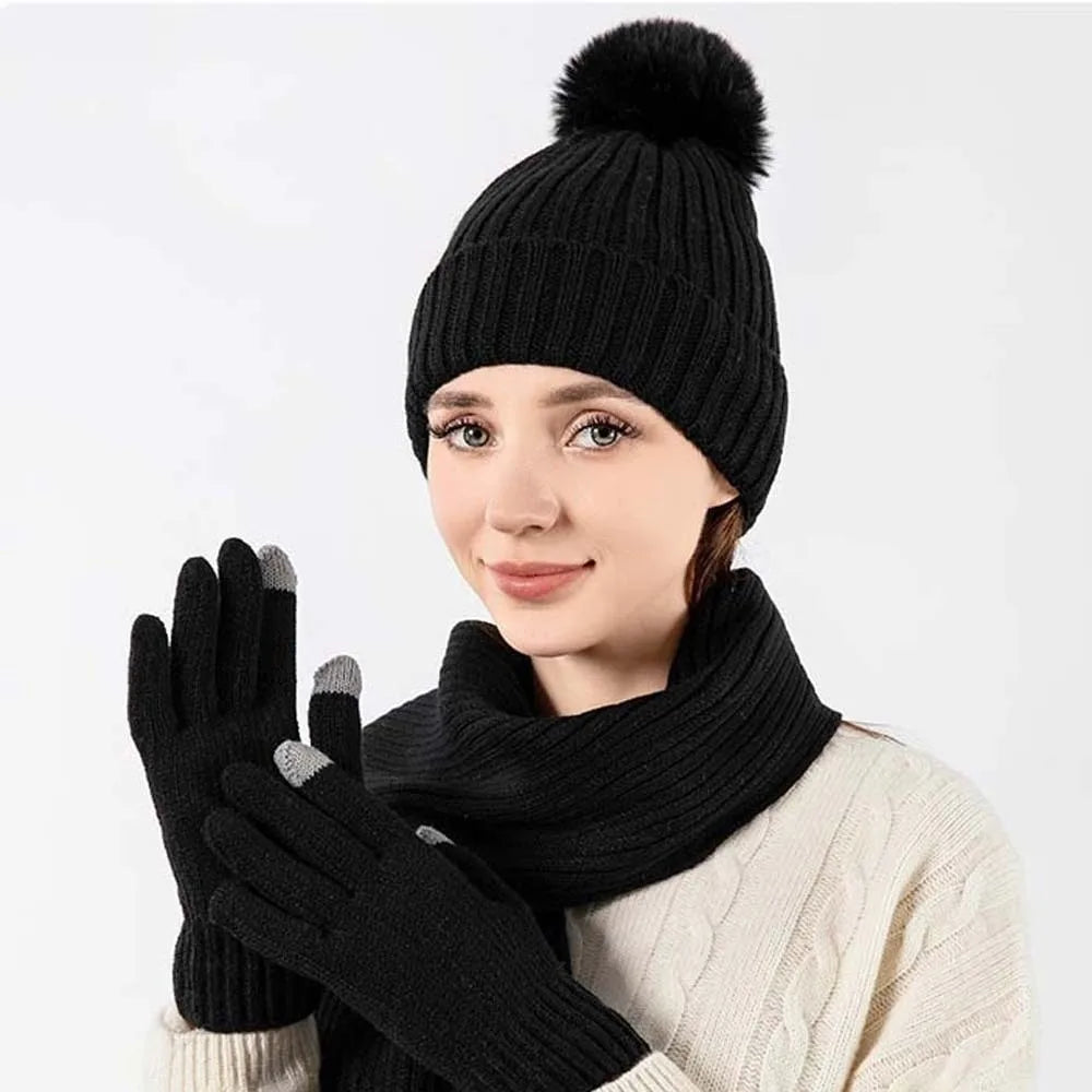Beanies Cap Elastic Scarf and Hat Set Warmer Mittens Soft Cold Proof Gloves Acrylic Fibers Plush Ball Woolen Hat Daily