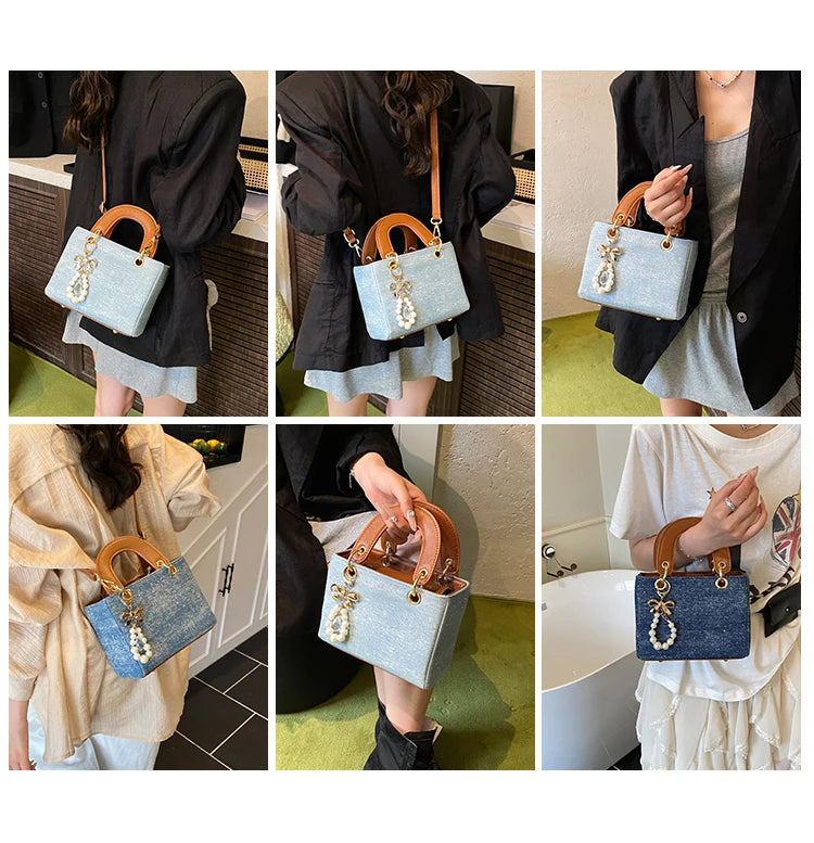 Women's Diamond Denim Clotch Handbag Korean Chic Retro Mini Single Shoulder Crossbody Bags Elegant Luxury Party Square Clutch