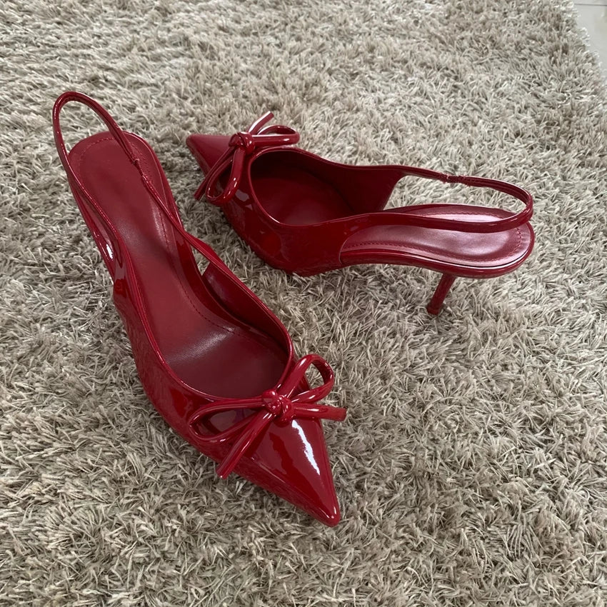 2025 New High Heels Women Weddings Bridal Shoes Bow Decoration Fashion Shallow Pointed Toe Elegant Slingbacks Ladies Pumps