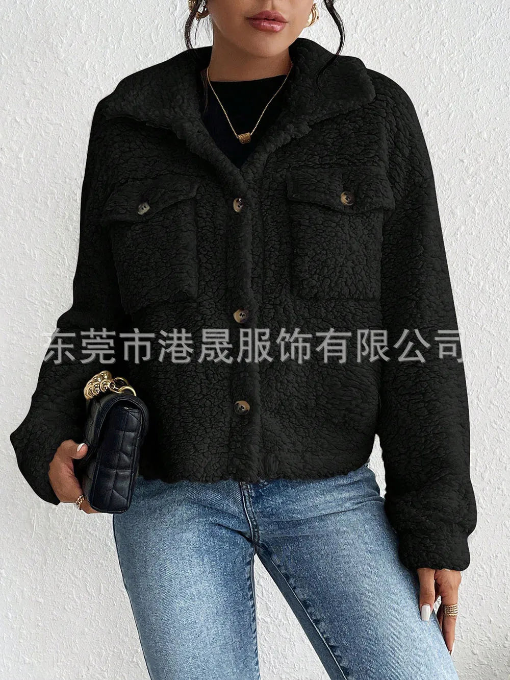 Casual Women's Coats Autumn And Winter Lapel Plush Jacket Short Women Jacket New Fashion White Pockets Tops Coat Streetwear