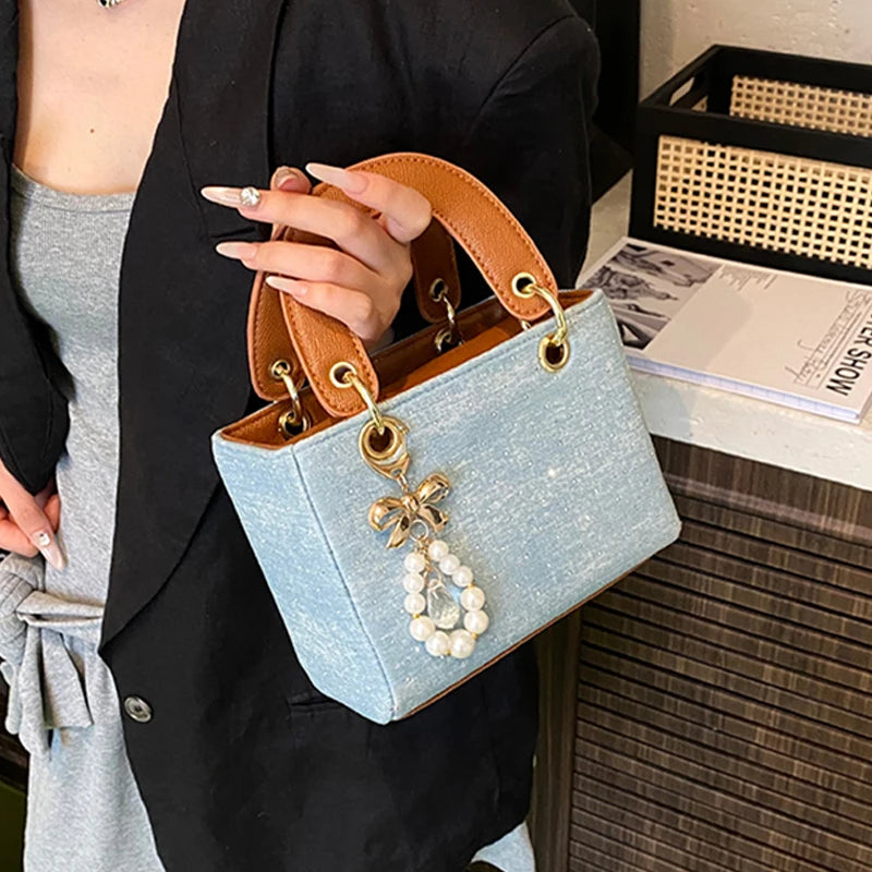 Women's Diamond Denim Clotch Handbag Korean Chic Retro Mini Single Shoulder Crossbody Bags Elegant Luxury Party Square Clutch