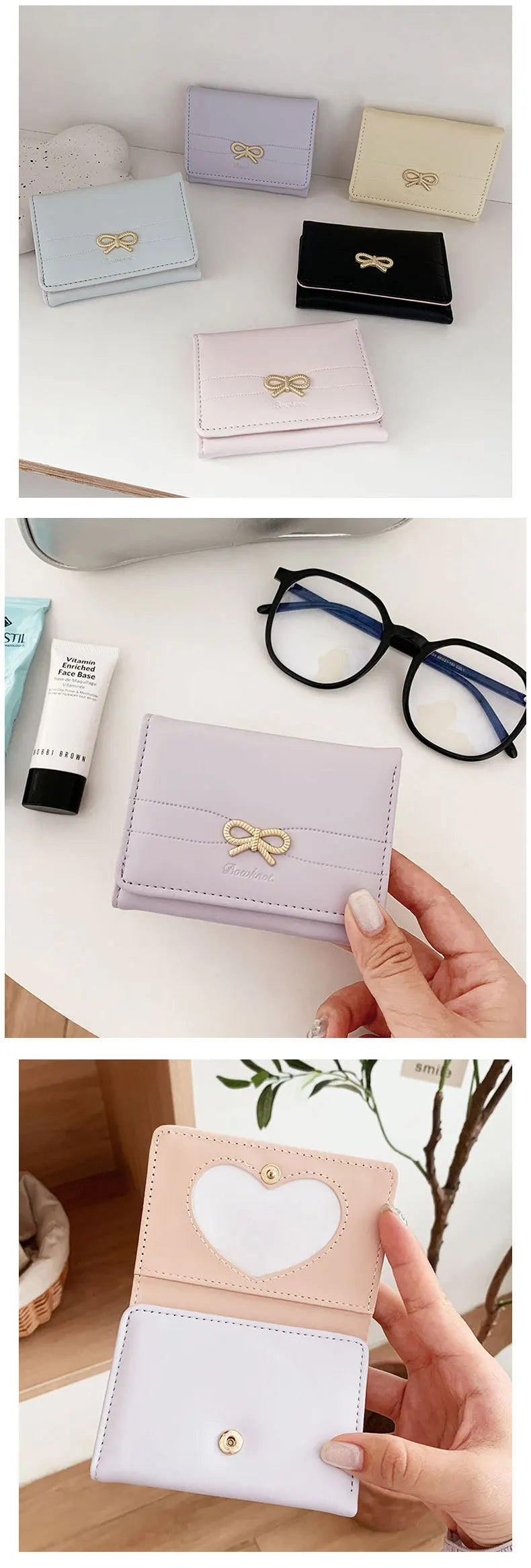Fashion Wallets Girls Cute Bow Small Wallet Aesthetic Card Holder Classic Three Fold Purse For Women Student Simple Coin Pouch