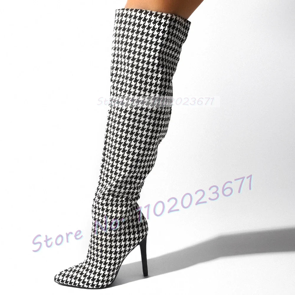 Pink Gingham Knee High Boots Women Trend High Class Print High Heels Shoes Ladies Side-zip Casual Fashion Pointy Winter Boots