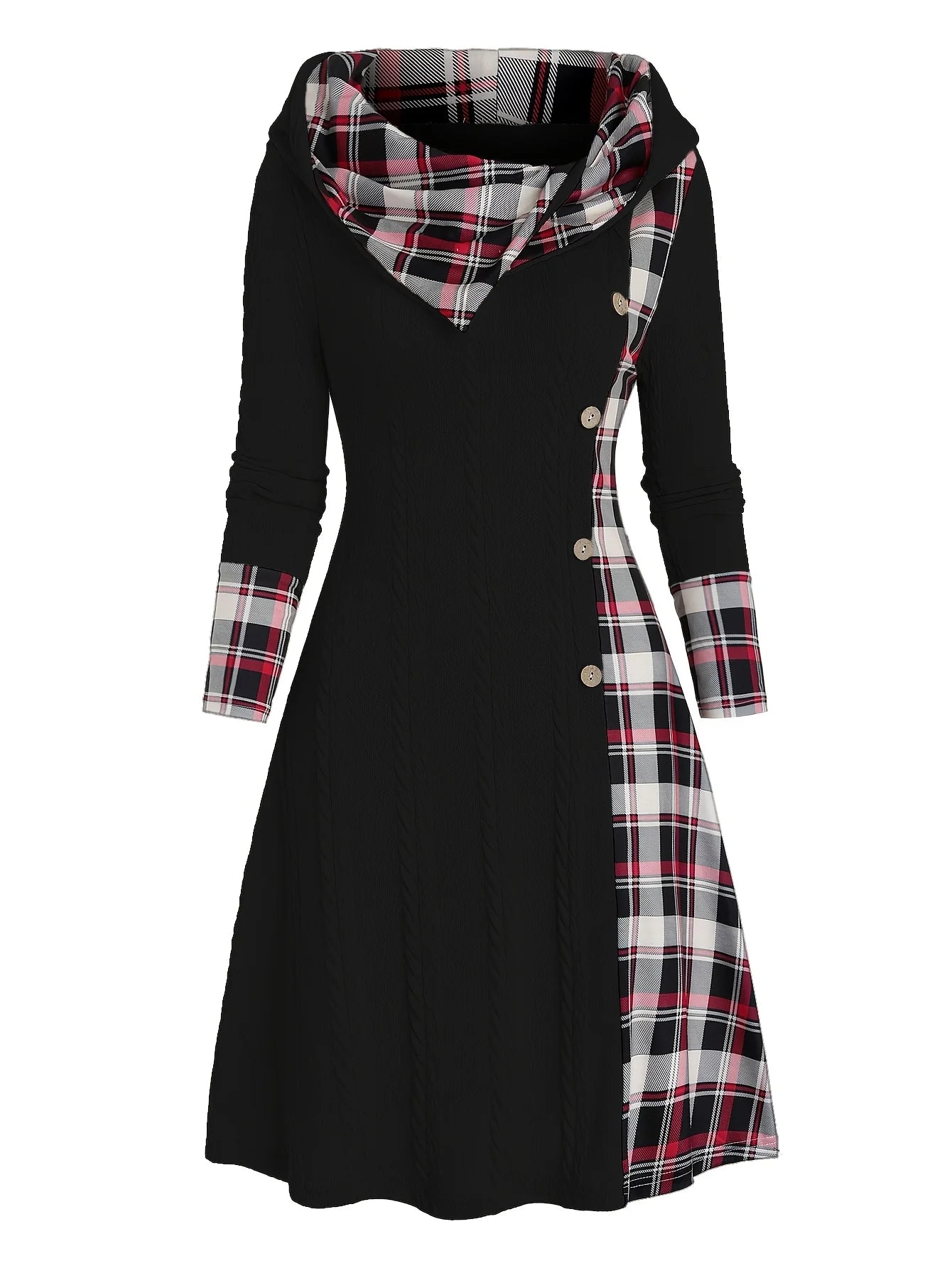 Knitted hooded dress plaid print stitching fake buckle high waist long sleeve A-line dress female