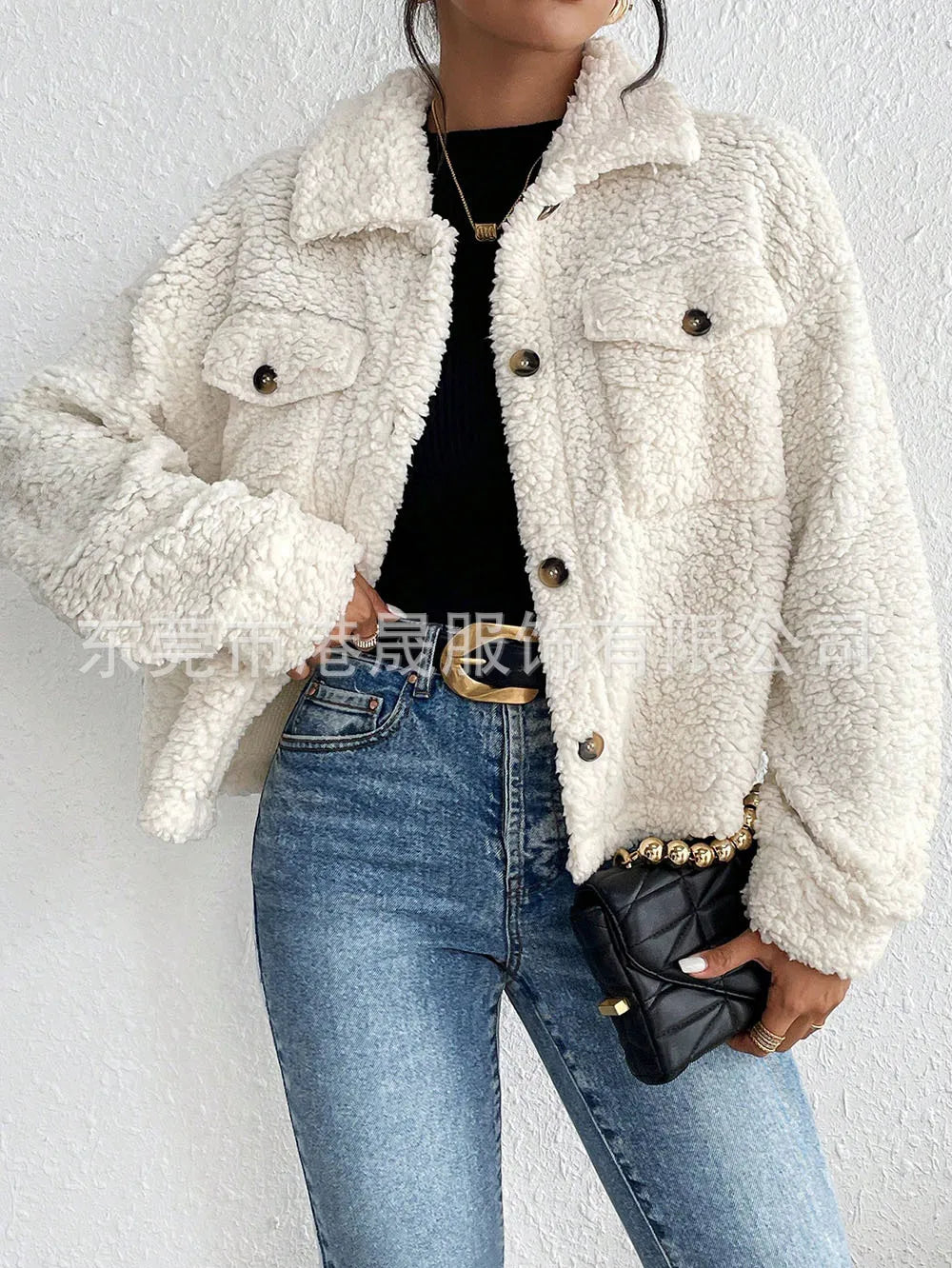 Casual Women's Coats Autumn And Winter Lapel Plush Jacket Short Women Jacket New Fashion White Pockets Tops Coat Streetwear