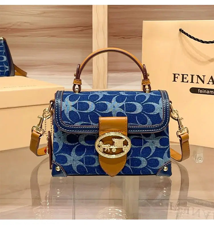 Ladies' handbag, light luxury retro denim canvas box bag, 2025 new high-end style, contrasting color single shoulder small squa