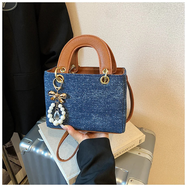 Women's Diamond Denim Clotch Handbag Korean Chic Retro Mini Single Shoulder Crossbody Bags Elegant Luxury Party Square Clutch