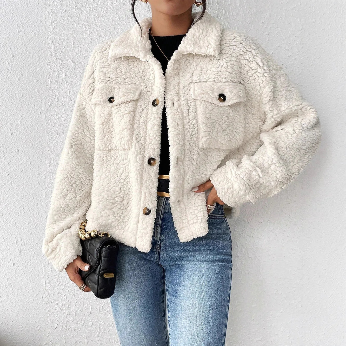 Casual Women's Coats Autumn And Winter Lapel Plush Jacket Short Women Jacket New Fashion White Pockets Tops Coat Streetwear