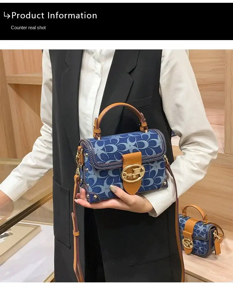 Ladies' handbag, light luxury retro denim canvas box bag, 2025 new high-end style, contrasting color single shoulder small squa