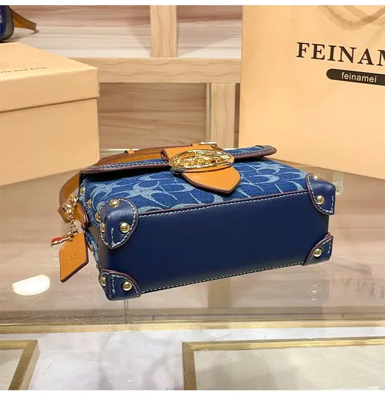 Ladies' handbag, light luxury retro denim canvas box bag, 2025 new high-end style, contrasting color single shoulder small squa