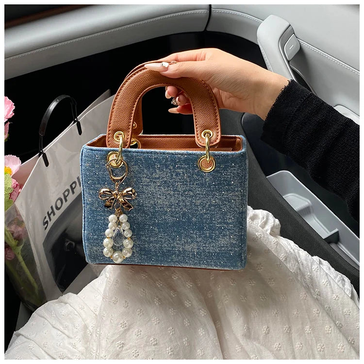 Women's Diamond Denim Clotch Handbag Korean Chic Retro Mini Single Shoulder Crossbody Bags Elegant Luxury Party Square Clutch