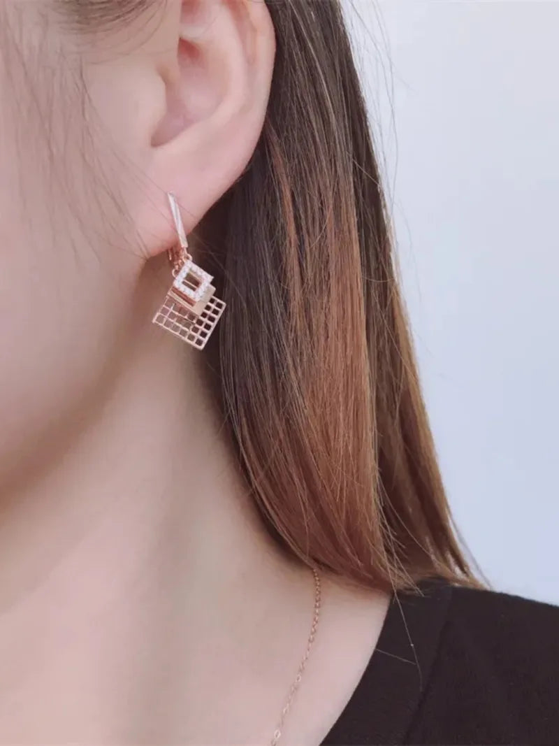 585 Purple Gold elegant luxurious square earrings for women plated 14K rose gold dazzling earings buckle wedding Jewelry