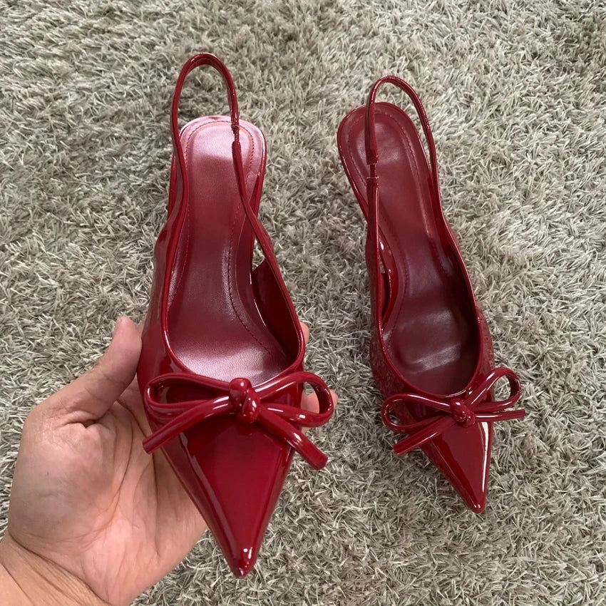 2025 New High Heels Women Weddings Bridal Shoes Bow Decoration Fashion Shallow Pointed Toe Elegant Slingbacks Ladies Pumps