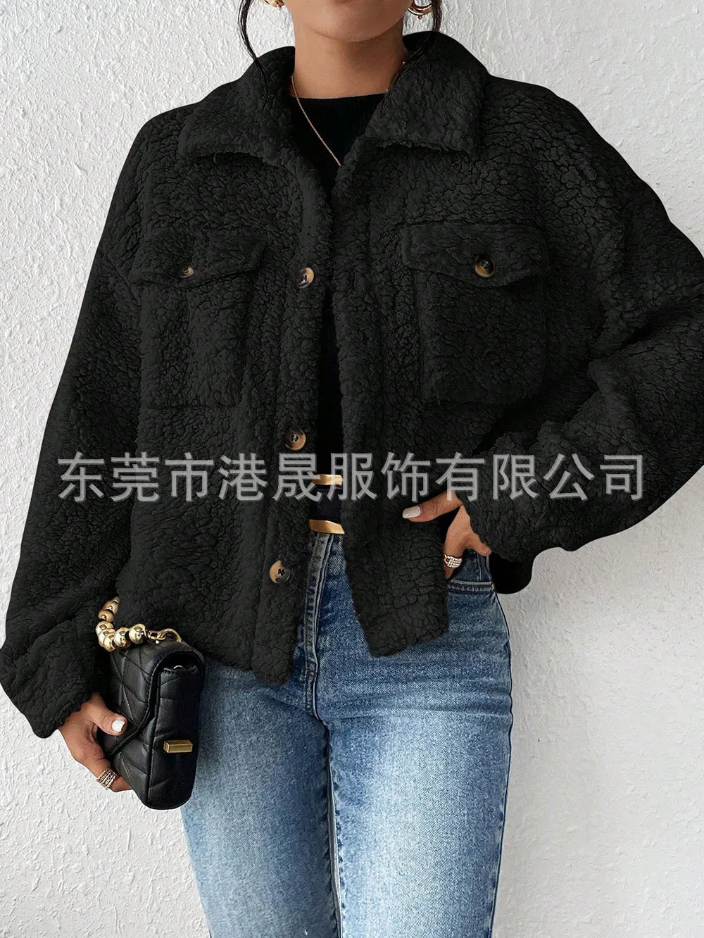 Casual Women's Coats Autumn And Winter Lapel Plush Jacket Short Women Jacket New Fashion White Pockets Tops Coat Streetwear
